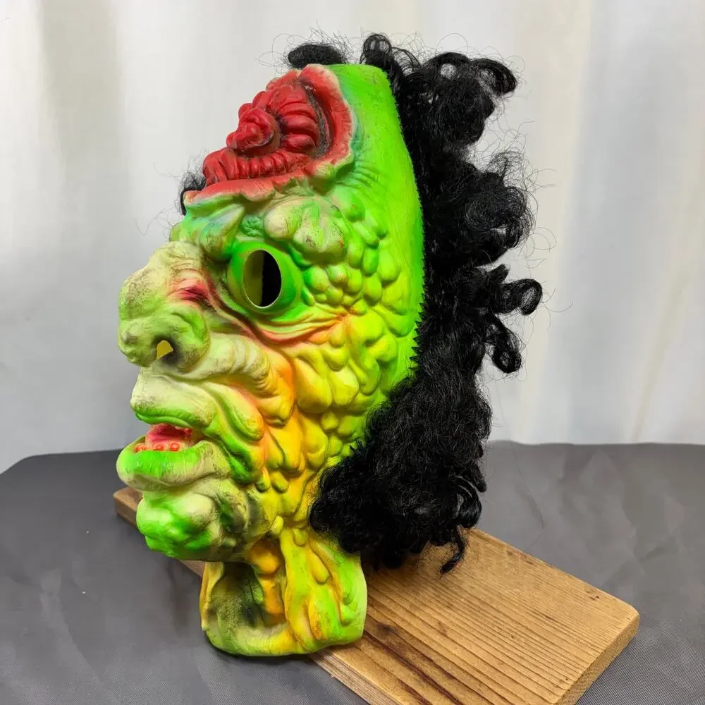 Zombie Monster Halloween Mask Vintage 1990s Fun World Vinyl Green Black Hair